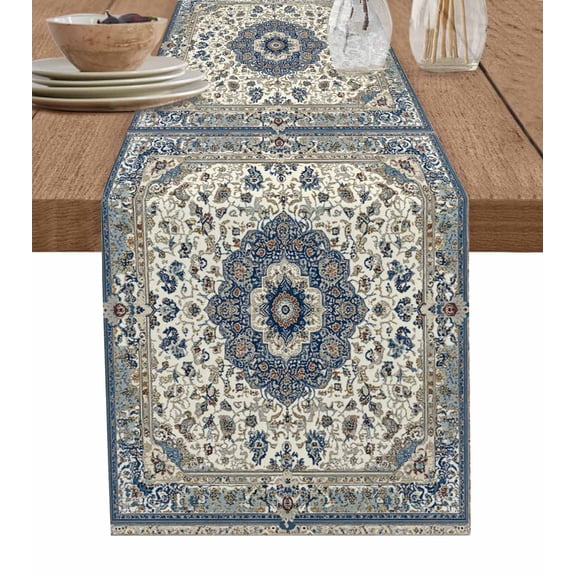 Southwestern Boho Blue Burlap Cotton Table Runner 13x60 Inches Long, Ethnic Geometric Farmhouse Farmhouse Table Runners, Outdoor Dining Tablecloths Decor for Baby Shower/Party/Wedding