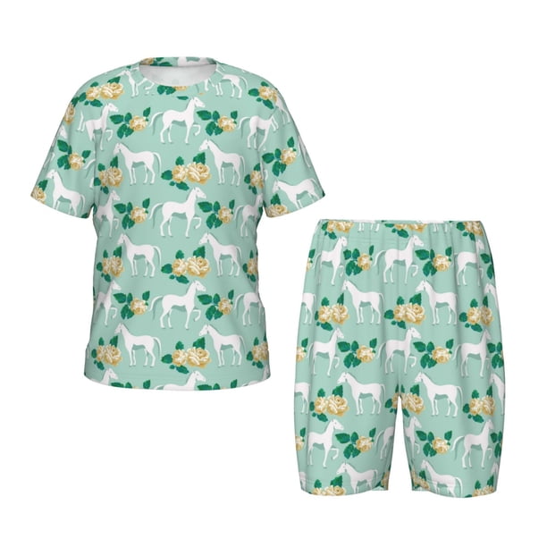 Balery Horse And Flower Conjunto de Pijama Infantil de Manga Corta con Estampado – Ropa de Dormir de Algodón Suave-XX-Large