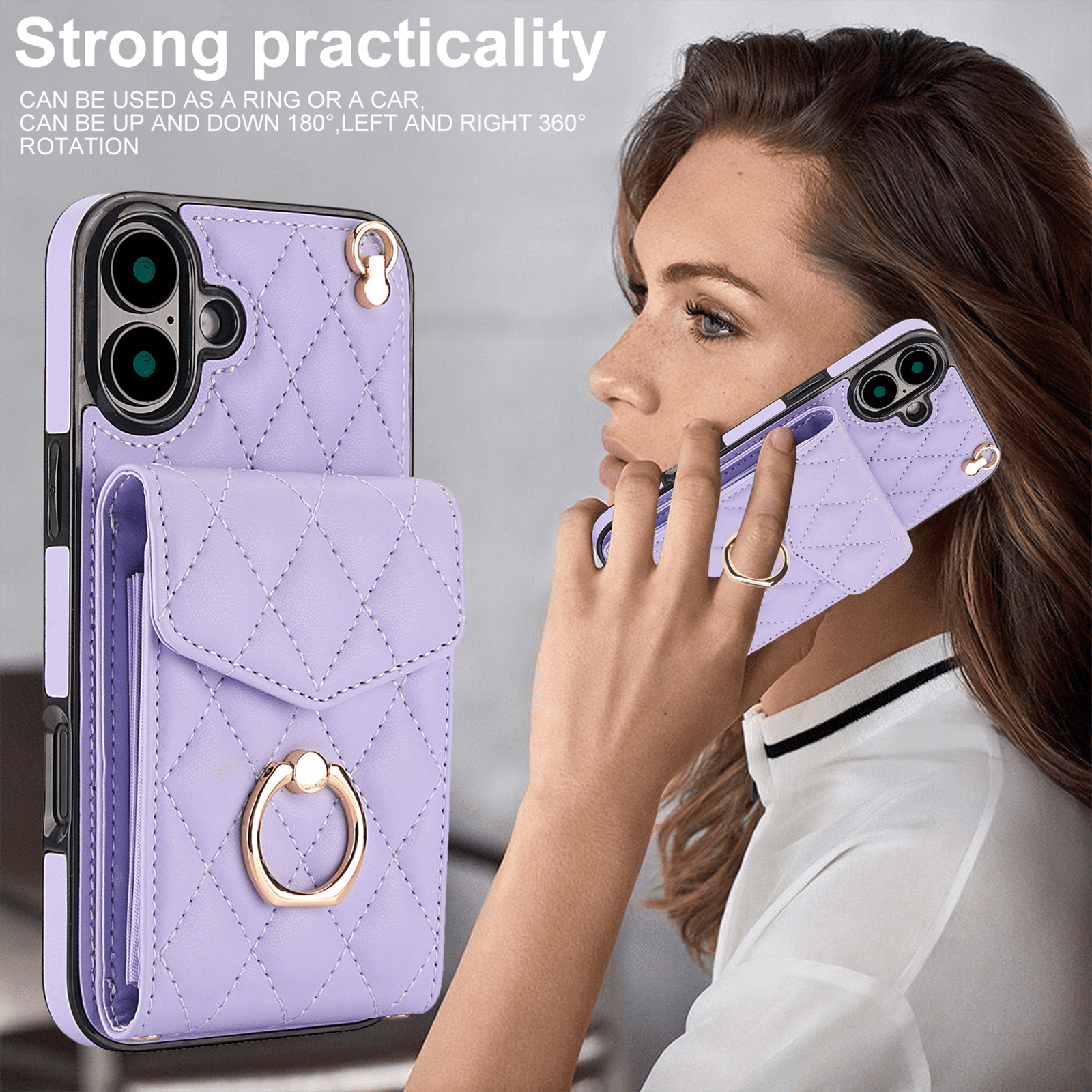 Asuwish Wallet RFID Blocking PU Leather Cell Phone Case with Tempered Glass Screen Protector, Wrist Strap for iPhone 16 Plus, Purple