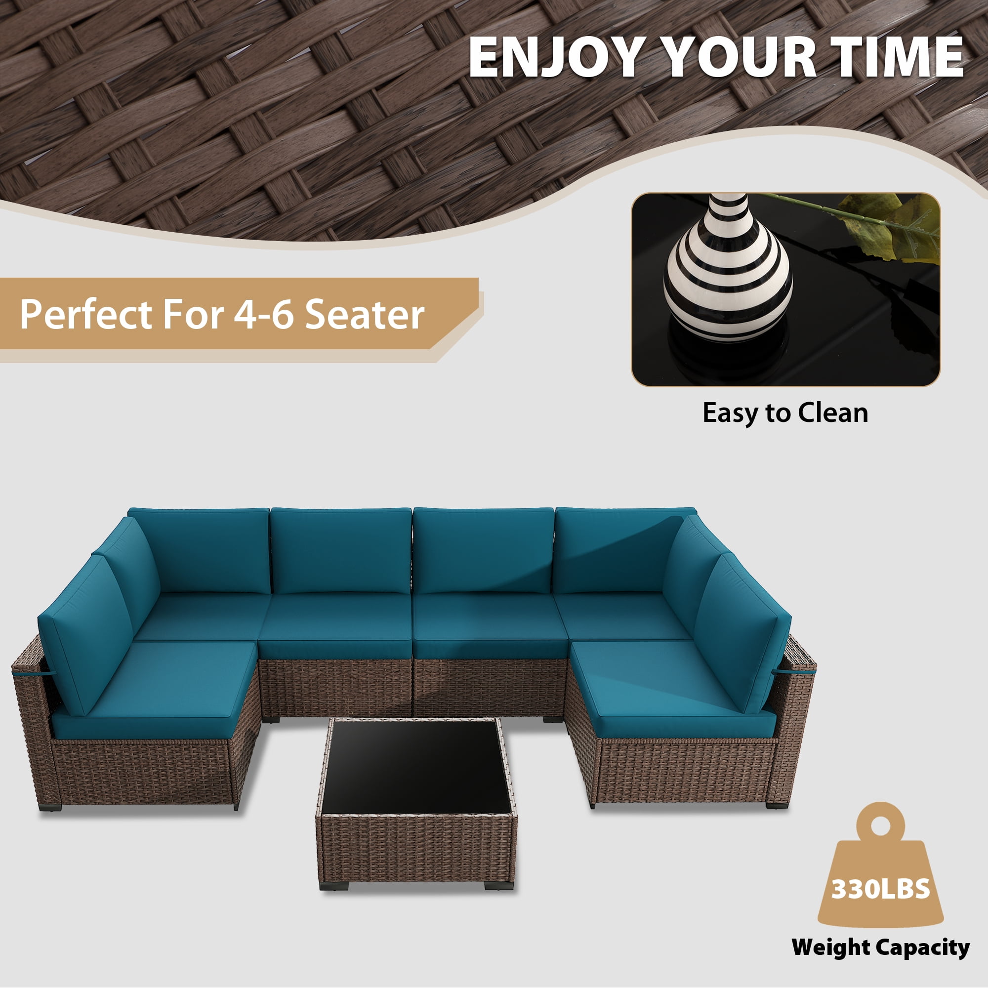 KIGOTY 7 Piece Outdoor Patio Furniture, Wicker Rattan Outdoor Conversation Set Sectional Sofas for Backyard, Garden, Brown-Blue