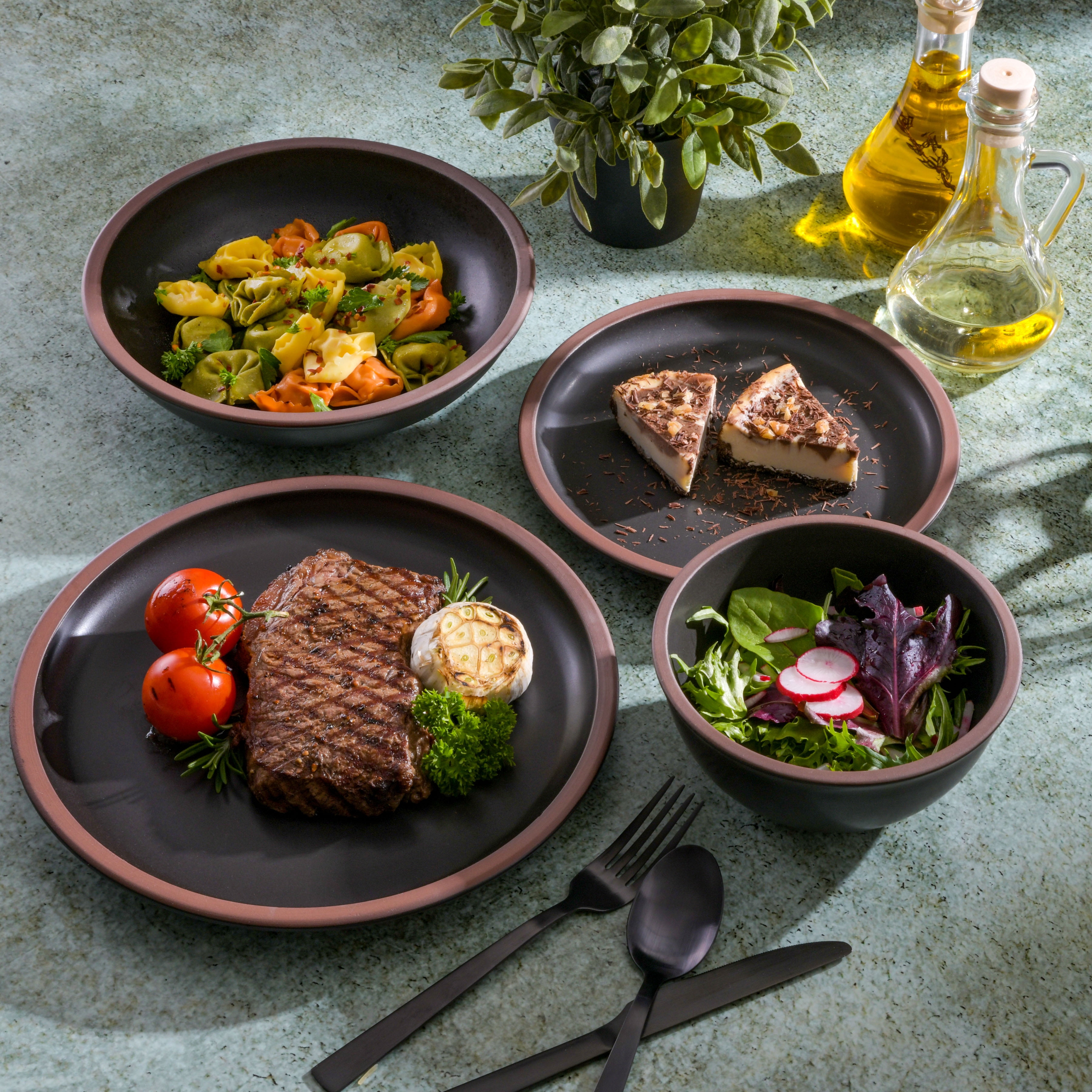 Gibson Soho Lounge Lagos 16 Piece Double Bowl Dinnerware Set, Black