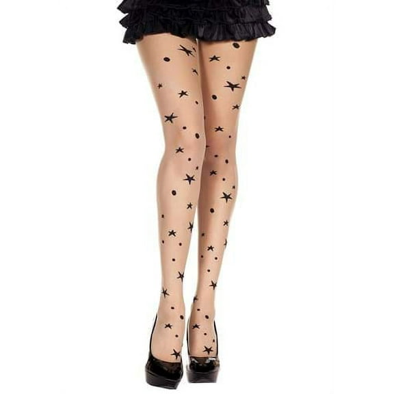 Black Star Print Spandex Nude Beige Pantyhose