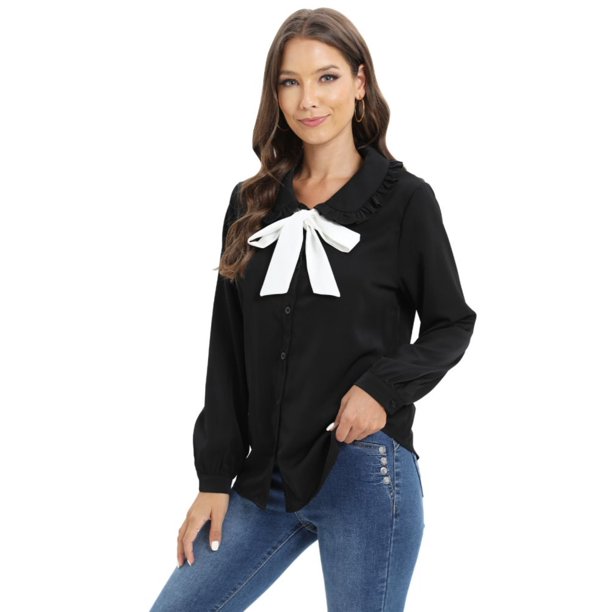 EFINNY Womens Button Down Shirts Chiffon Bow Tie Top Long Sleeve Casual