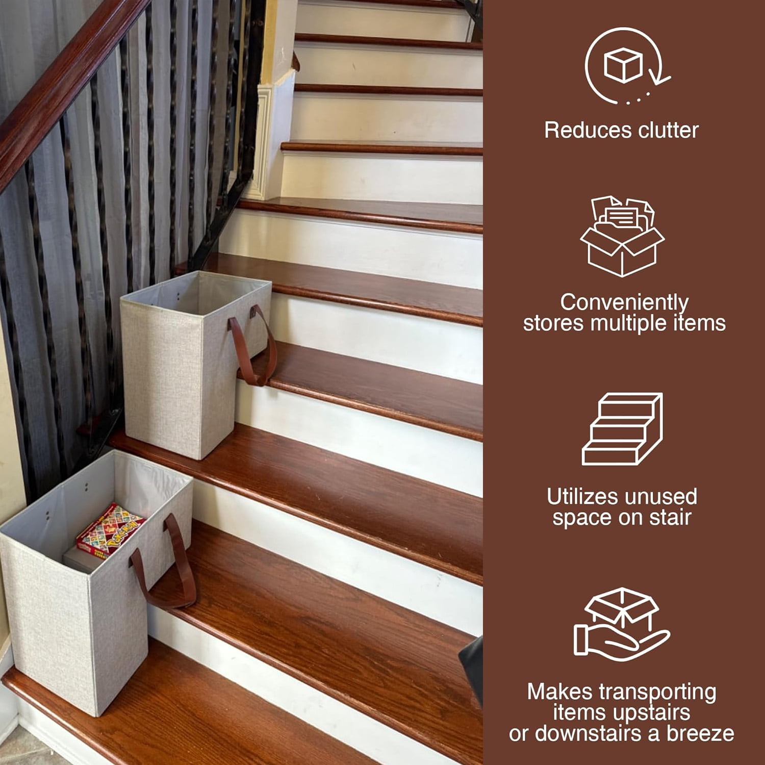Stair Basket with Anti-Slip Grip for Wooden & Carpeted Stairs, 16"L x 10"W x 16"H Foldable Storage Organizer Bin with Handles for Laundry, Toys, Books, Home Office Decor (Natural Beige)