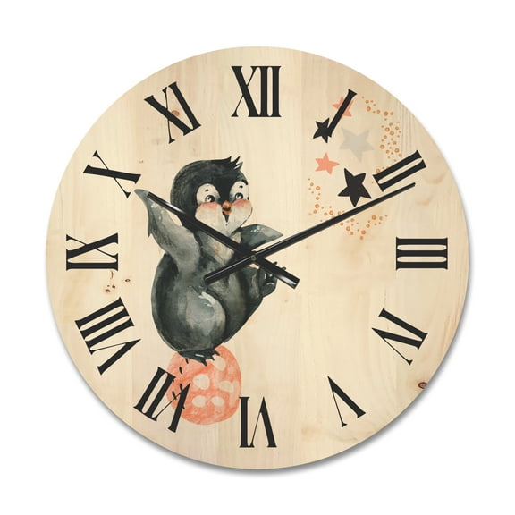 Designart 'Little Penguin With Planets and Stars II' Farmhouse Wood Wall Clock