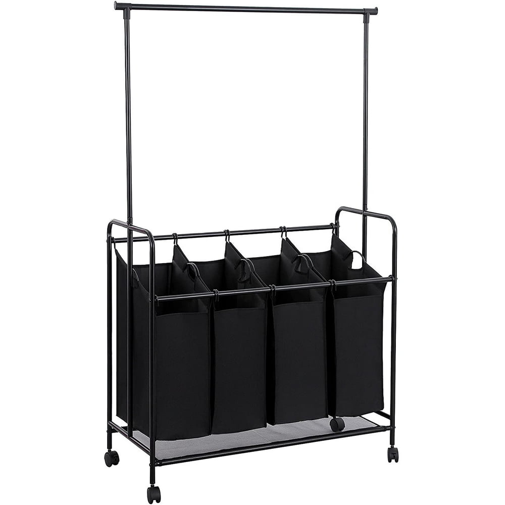 SONGMICS 4Bag Laundry Sorter, Rolling Laundry Cart with Hanging Bar
