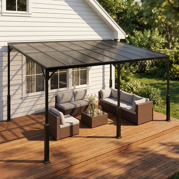 10x14FT Outdoor Lean Metal Gazebo, Asofer Hardtop Wall Mounted Gazebo with Metal Sloping Roof, for Backyard, Deck, Patio,Porch