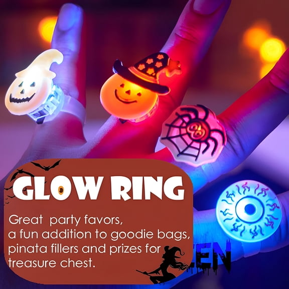 BESTSKY 50 Pcs LED Halloween Rings, Flashing Light Up Spider & Pumpkin Glow Jewelry, Spooky Party Favors for Kids & Adults