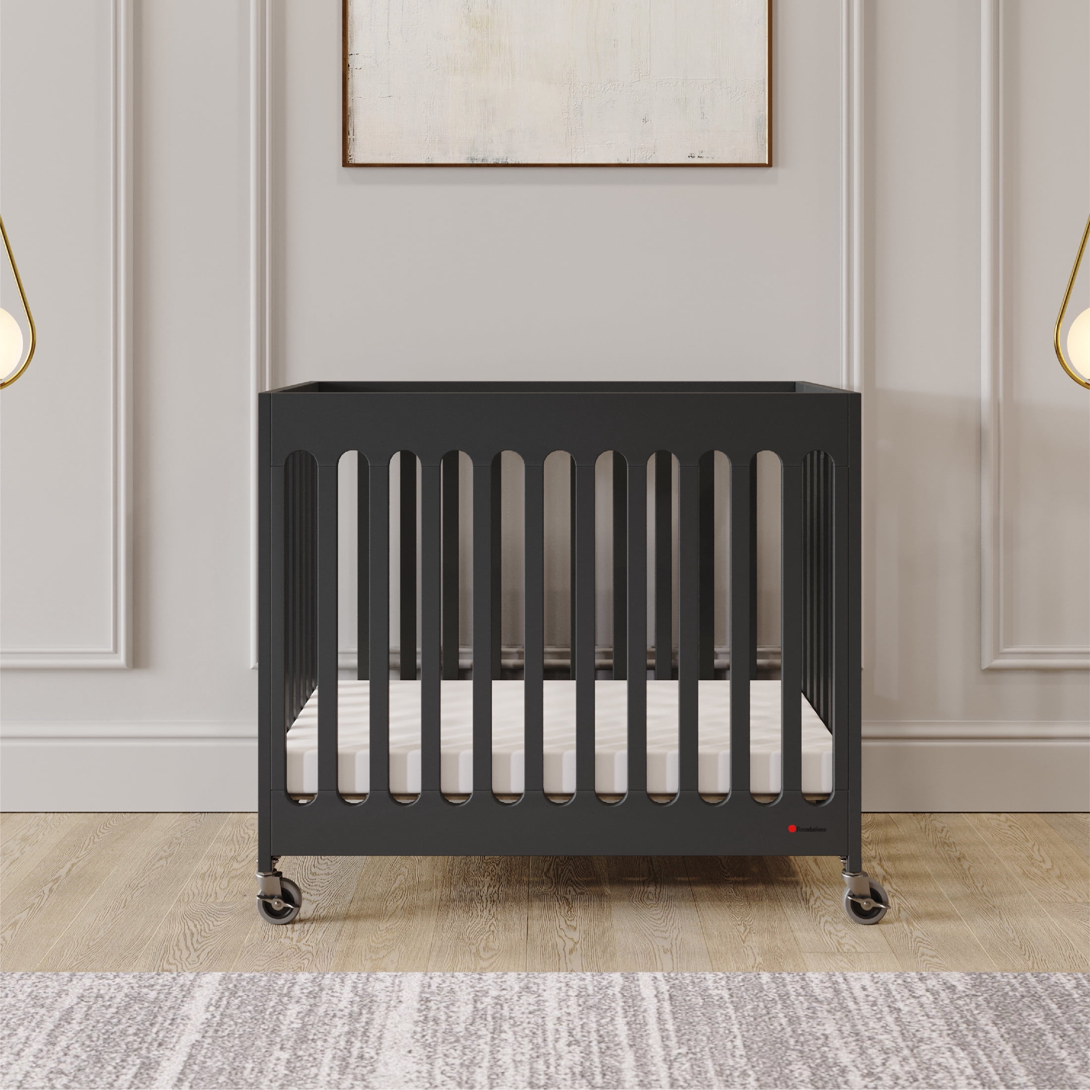 Foundations Boutique Folding Hotel Crib and Sheet Bundle - Includes Wooden Mini Crib with 3" Foam Mattress (Ebony) and 6-Pack White Fitted Compact Crib Sheets