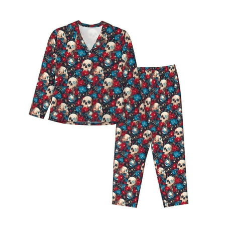 Picia Skull red flower blue Pattern Womens Long-Sleeve Sleepwear Set - Soft 2-Piece Loungewear with Pockets  Comfy PJs for Relaxing Nights-Large