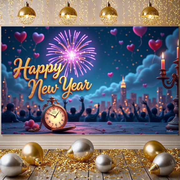 Golden Text New Year Banner Fireworks NYE Backdrop Heart Balloons City Skyline Holiday Background for New Year Party NYE Celebration Indoor Decoration