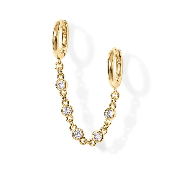 Zhuge Chain Earrings for Women | Double Piercing Dangle Chain Huggie Hoop Earrings | Cubic Zirconia Pearl Stud Ear Cuff Earrings for Women，Golden D