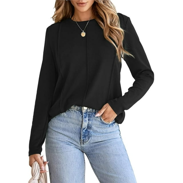 Camisas de Larga para Mujer, Jerséis Modernos, Elegantes, Informales, Plisados, de Cuello Redondo, de Punto, Blusas Lisas y Sueltas, Conjuntos Negro M