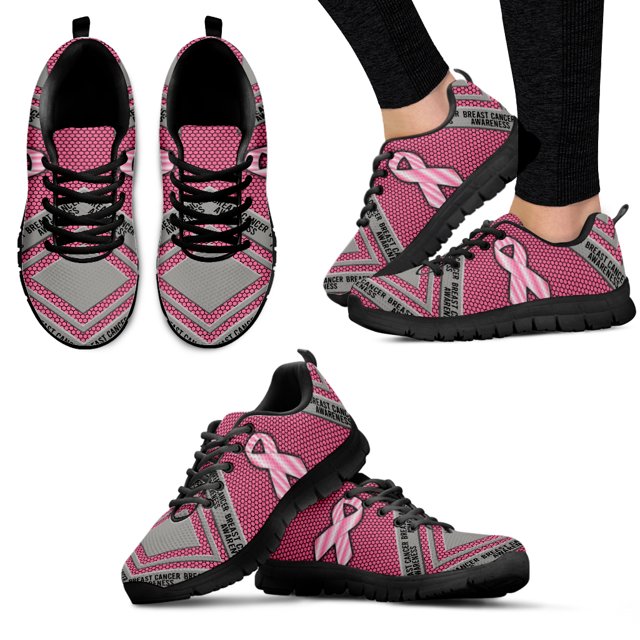 Breast Cancer Awareness Design Sneakers Pink Ribbon Print Lightweight Flats Stylish Sneakers On White Lace Up Shoes