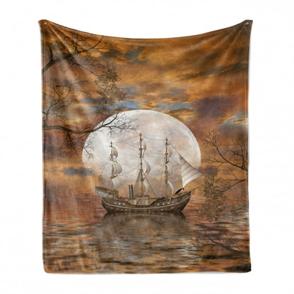 Sailboat Soft Flannel Fleece Blanket, Modern Abstract Illustration of Full Moon Fairy Scene with Nautical Elements, Cozy Plush for Indoor and Outdoor Use, 50" x 60", Orange and Grey, by Ambesonne