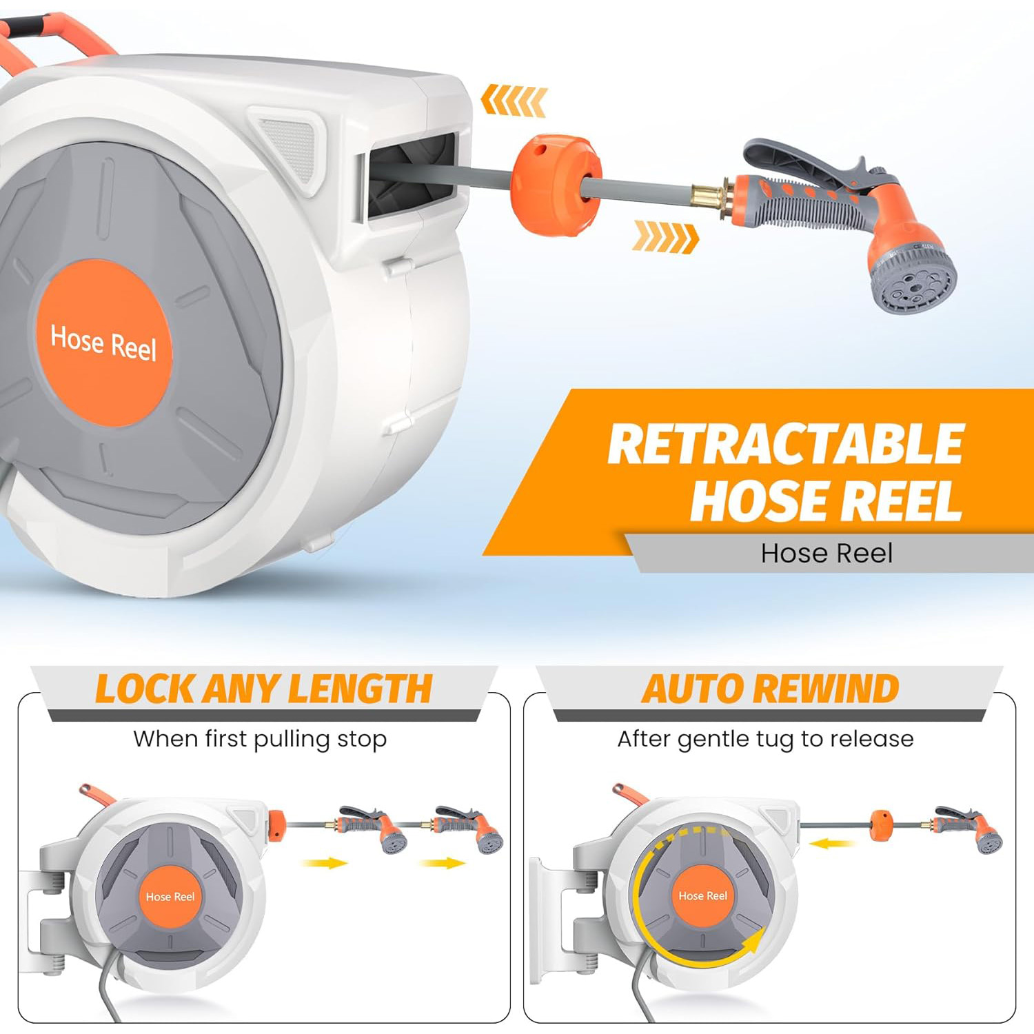 Mescukay Retractable Garden Hose Reel, 5/8 in x 65 FT with 9 Function Sprayer Nozzle, Any Length Lock, Automatic Rewind and Slow Return System, Wall Mounted and 180 Deg Swivel Bracket