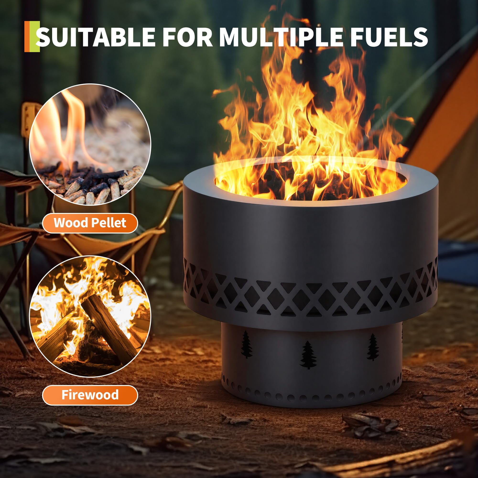 19 Inch Smokeless Fire Pit, Fire Pits for Outside Wood Burning, Portable Bonfire Outdoor Firepit with Removable Ash Pan & Dust Bag, Camping Backyard