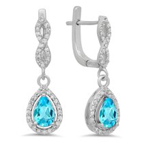 Dazzlingrock Collection 14K Pear Blue Topaz & Round White Diamond Ladies Halo Dangling Drop Earrings, White Gold