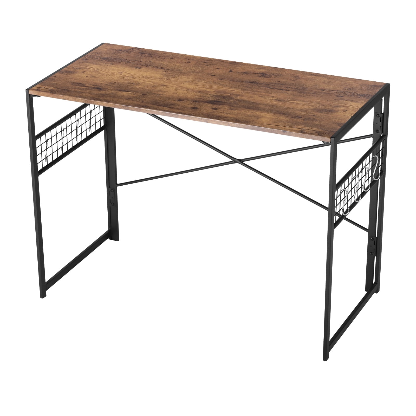 Homy Casa 39.4" Folding Table with Hooks and Grid Storage, Rustic Brown Desktop with Black Metal Frame