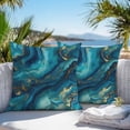 thumbnail image 4 of Abstract Marble Outdoor Pillow Covers Pack of 2 Teal Green Gold Gradient Wave Texture Waterproof Throw Pillow Covers Decorative Cushion Cases for Patio Garden Tent Balcony Couch 26x26 inch, 4 of 8