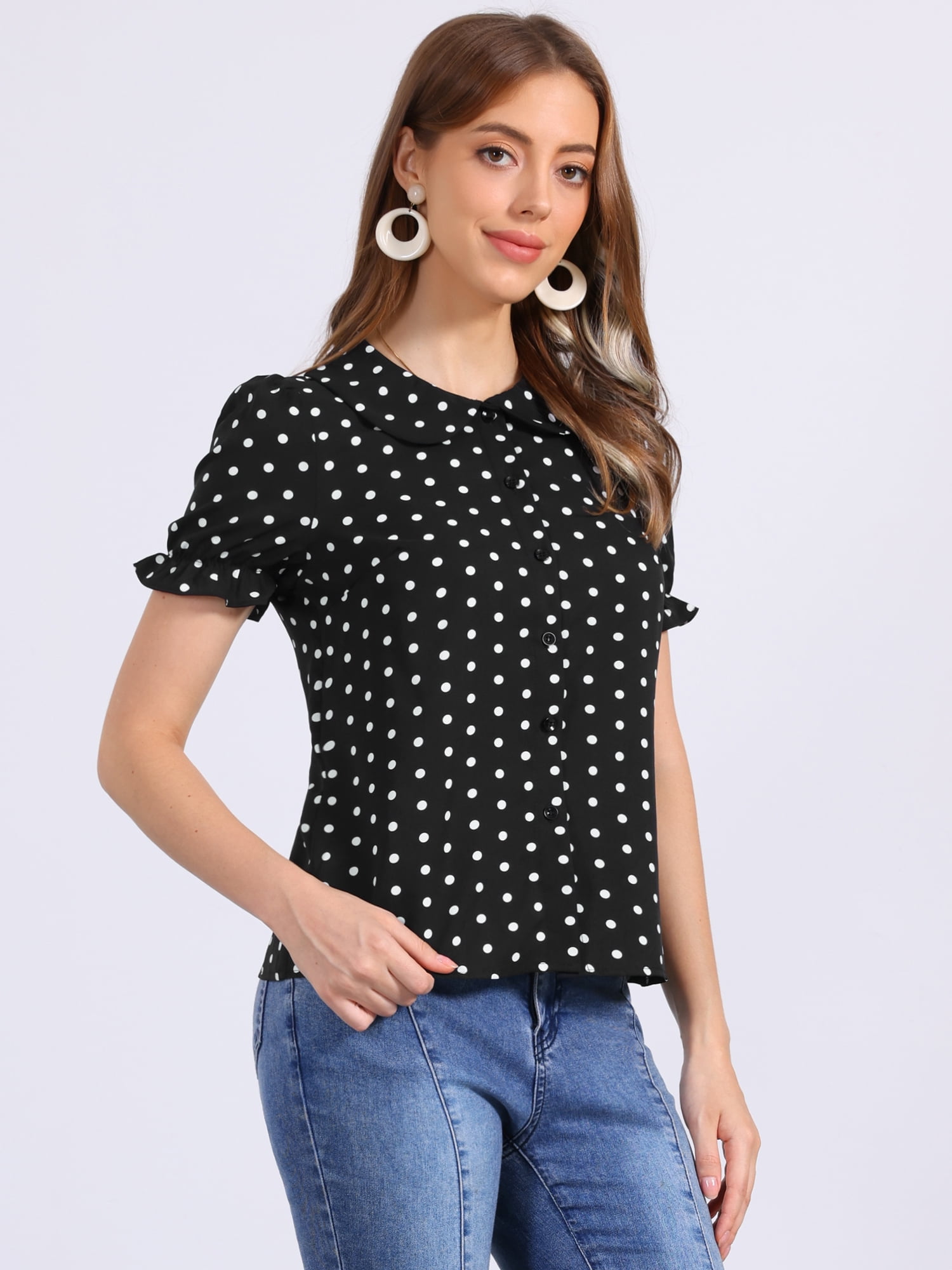 DARING DIVA Women's Polka Dots Short Puff Sleeve Button Up Collar Blouse S Black White