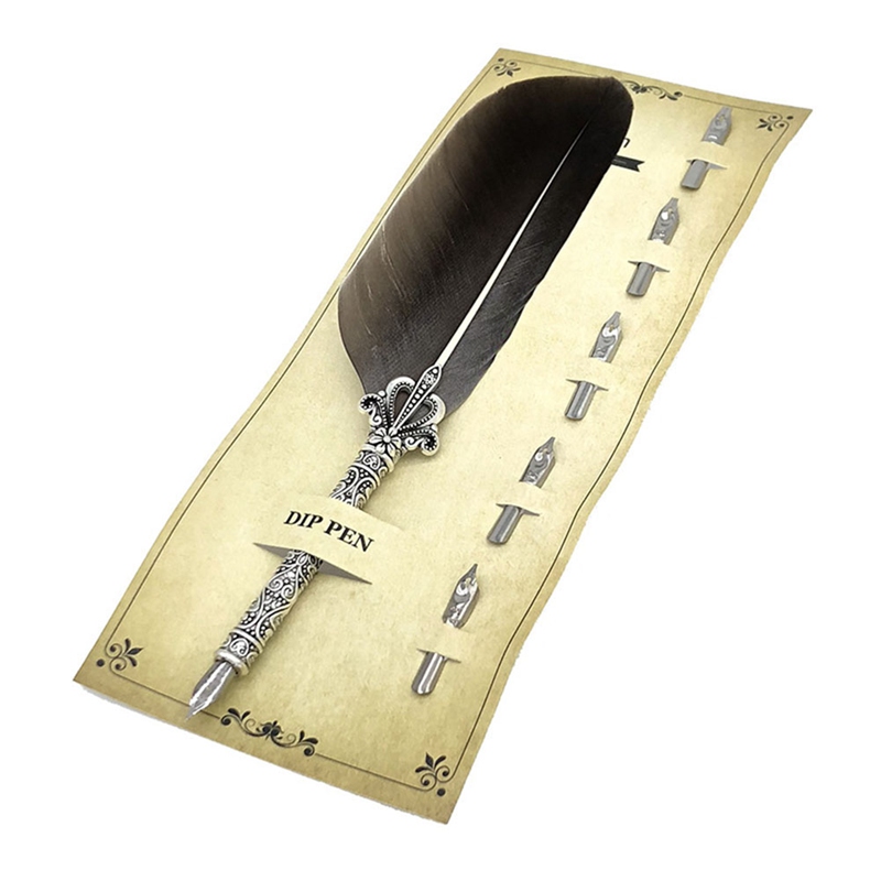 AkoaDa Feather Dip Fountain Pen Quill Oblique Pens Carved Metal For