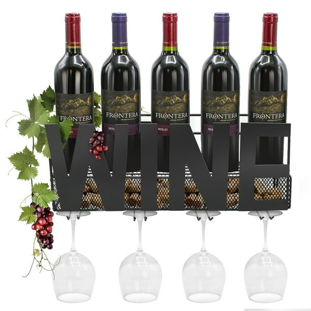 Sorbus Wine Bottle Stemware Glass Rack Cork Holder Wall Mounted Holds