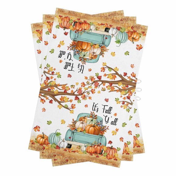 Thanksgiving Kitchen Towels Set of 3, Water Absorbent Dish Towel, Farmhouse Fall Truck Maple Leaf Pumpkin Decorative Hand Towels - Quick Drying Cloth for Cooking Baking, 18x28 Inch