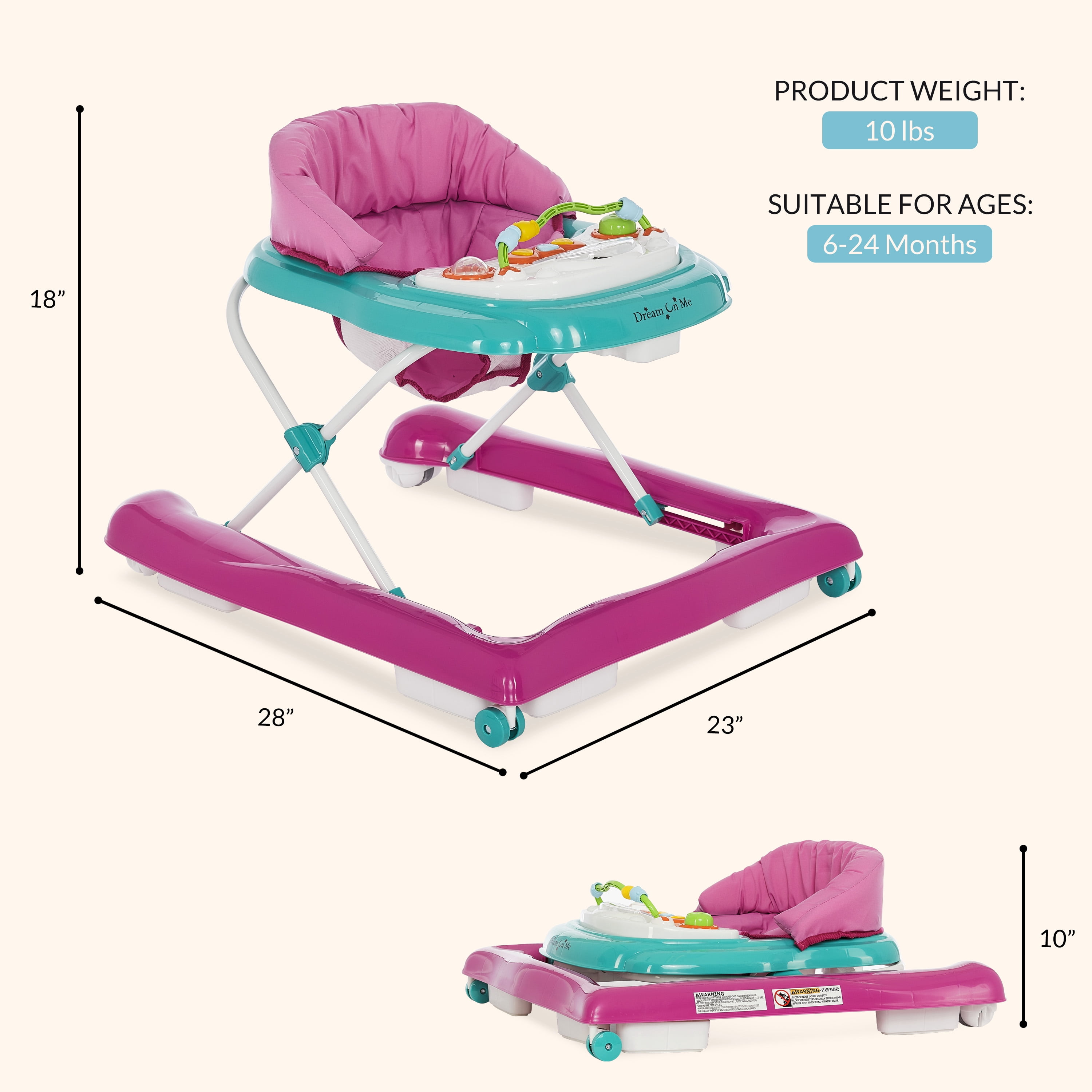 Dream On Me 2-in-1 Ava Baby Walker, Easy Convertible Baby Walker, Walk Behind, Height Adjustable Seat, Added Back Support, Detachable-Toy Slate, Teal Pink