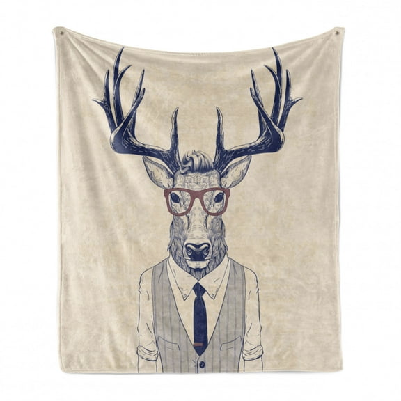 Hipster Soft Flannel Fleece Throw Blanket, Business Man Humanized Manly Deer Contemporary Art, Cozy Plush for Indoor and Outdoor Use, 70" x 90", Indigo Champagne, by Ambesonne