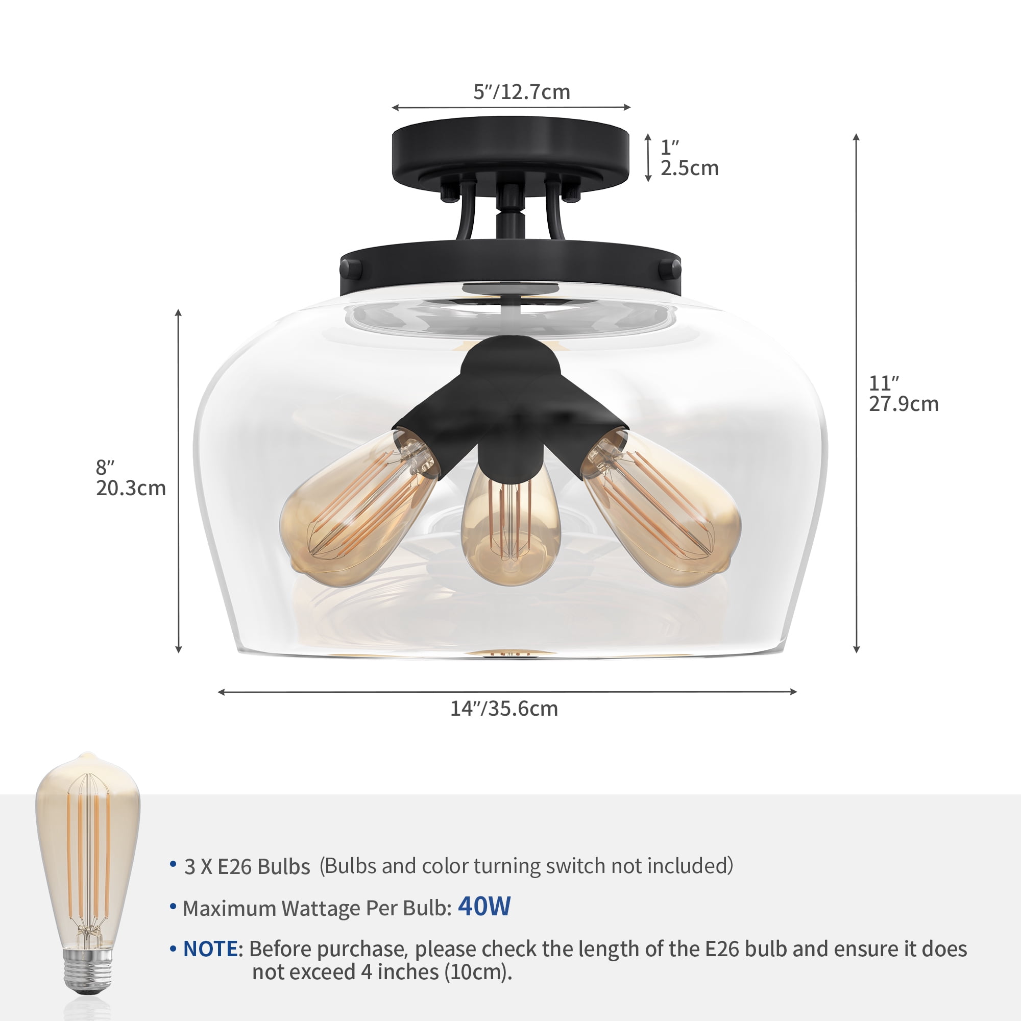 Uforic Semi Flush Mount Ceiling Light, Farmhouse Ceiling light with Clear Glass Shade, Modern Ceiling Light for Closet Dining Room Kitchen Hallway, Mattie Black