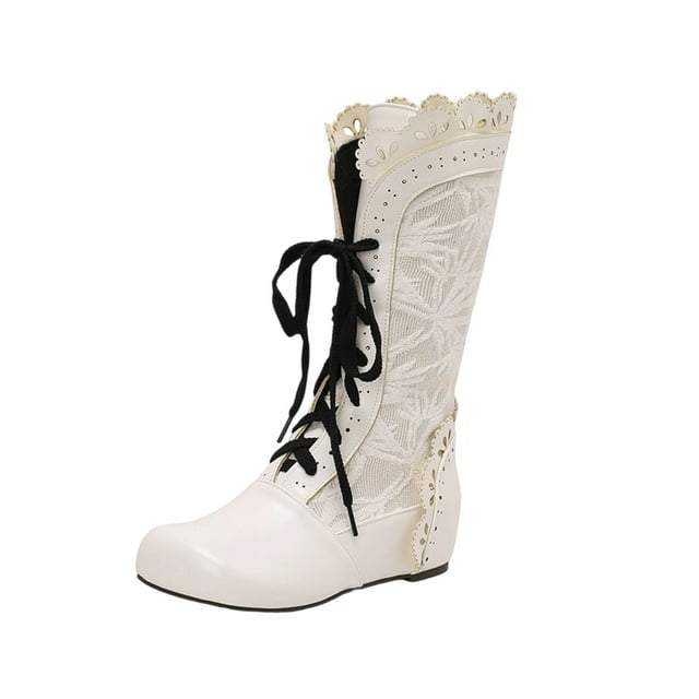 Xfvqtps Bottes pour Femmes Bottes d'Hiver Vintage Boho Plates Mi-Mollet Bottillons à Lacets Bout Rond Design Brodé Doublées en Molleton Chaussures Confortables Blanc