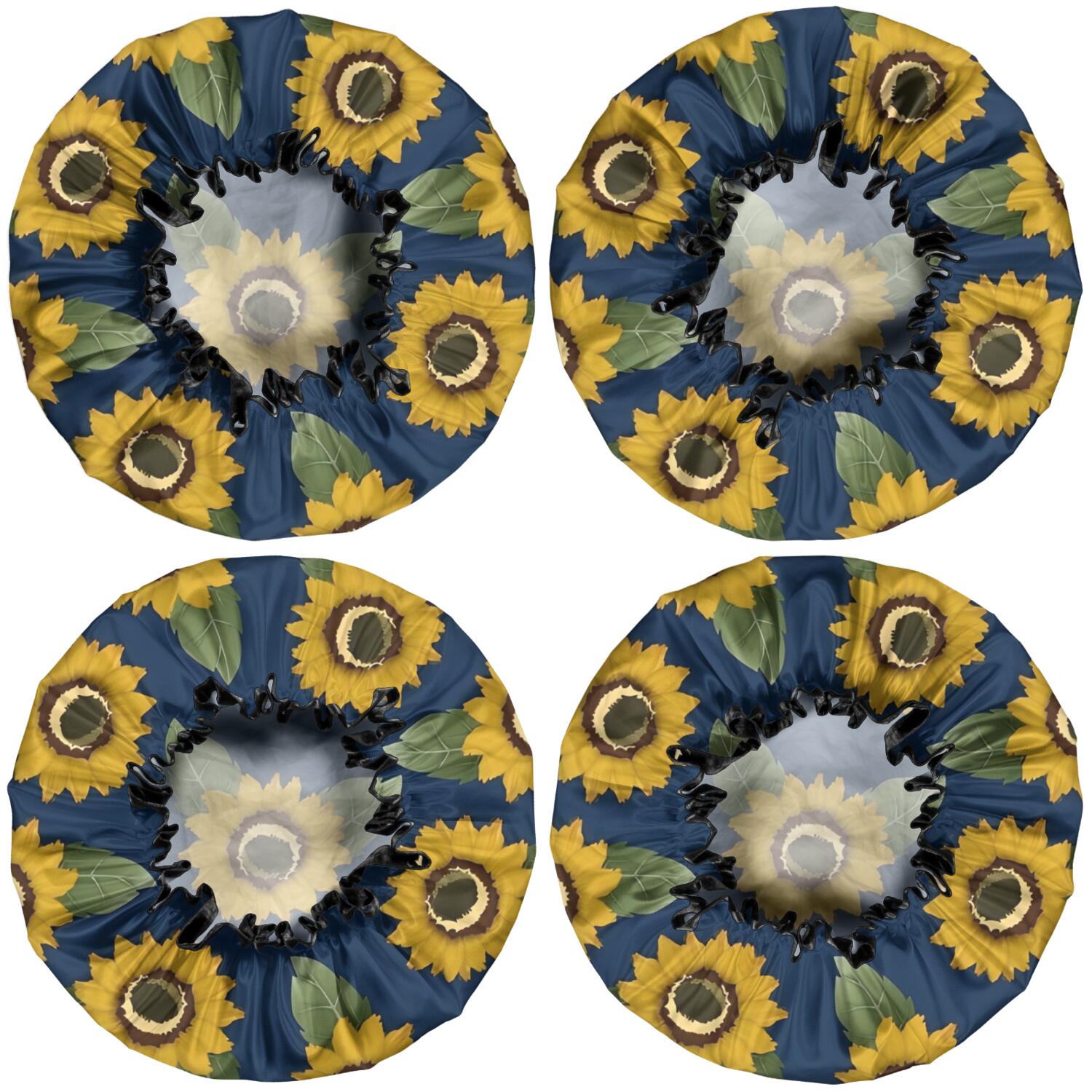 Shower Caps,Blue Sunflower Leaf Pattern Waterproof Shower Cap for Women 4 Pieces,Double Reusable Hair Cover for Shower PEVA Elastic Stretch Hem