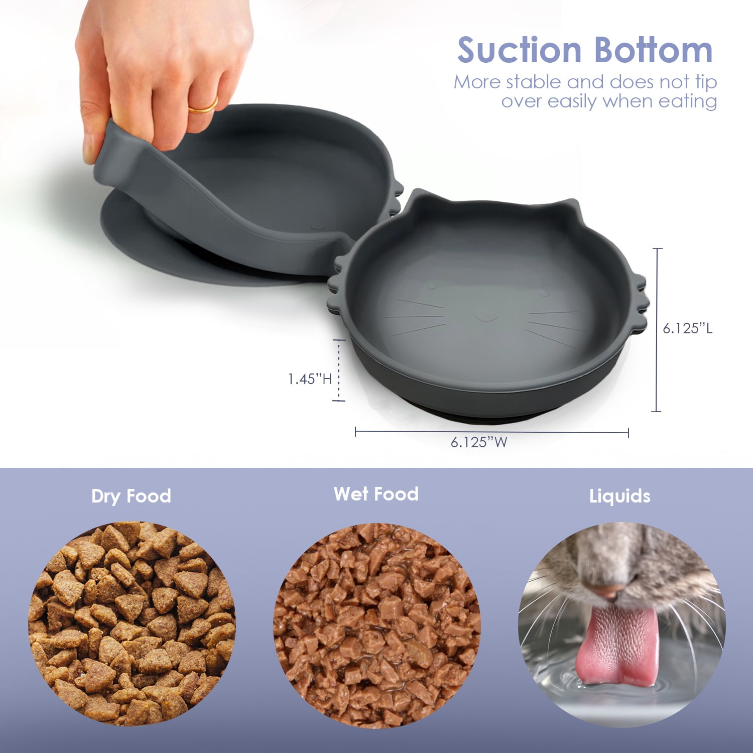 P.T. Supply Co. Gray Cat Shaped Silicone Pet Bowl with Non-Slip Suction Base