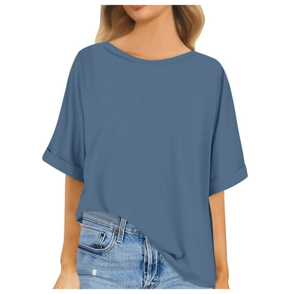 OSOLU Solid Color Women Short Sleeve Oversized Tops Summer Crew Neck Loose Casual Tee T-Shirt Tshirts Tee Casual Cotton T-Shirt Tee Tops Breathable Dailywear