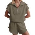 thumbnail image 1 of Women Two Piece Outfits Tracksuit Half Zip Lapel Cap Sleeve Sweatshirt High Waist Drawstring Shorts Set Sweatsuit, 1 of 6