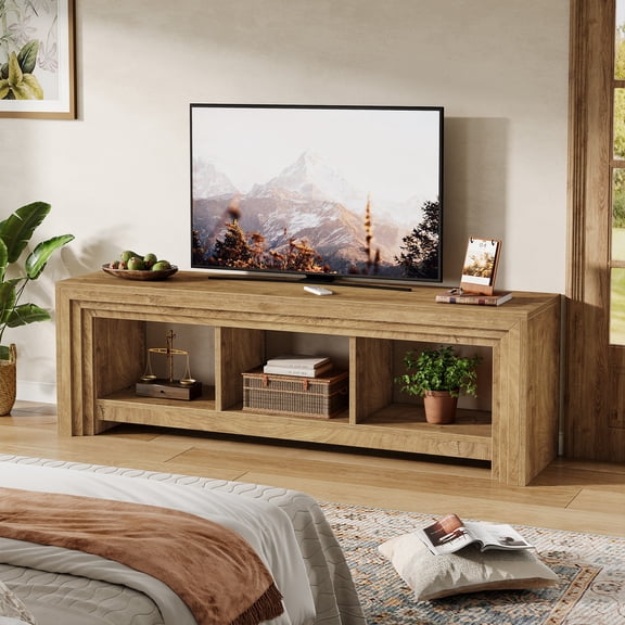 Finmind 63" TV Stand for TVs Up to 75 inches, Farmhouse Entertainment Center with Open Storage, Media TV Console for Living Room, Light Brown