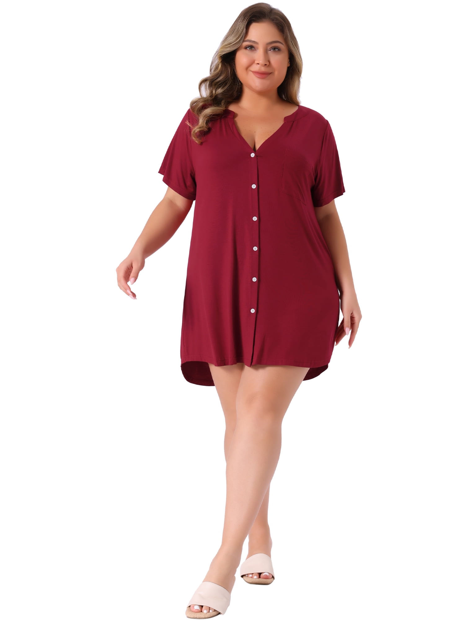 DARING DIVA Women's Plus Soft Short Sleeve Soft Button Down Nightgown 3X Burgundy