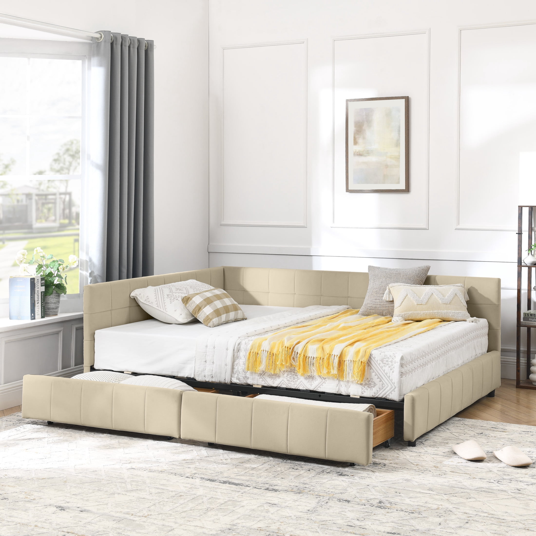 Noble House Carola Full Size Velvet Daybed Frame, Tufted Upholstered Sofa Bed with Underbed Storage Drawers, Beige