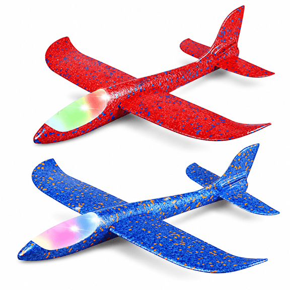 2 Pack LED Light Airplane,17.5" Large Throwing Foam Plane,2 Flight Mode Glider Plane,Flying Toy for Kids,Gifts for 3 4 5 6 7 8 9 Years Old Boy,Outdoor Sport Toys Birthday Party Favors Foam Airplane