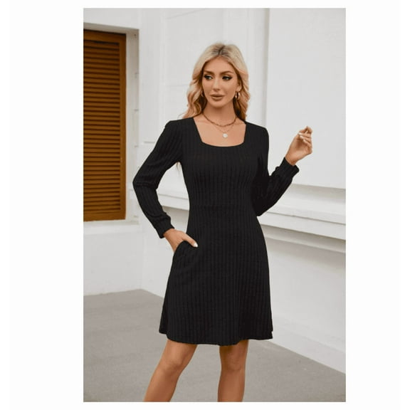 Womens Knit Sweater Dress with Pockets Square Neck Long Sleeve Dresses