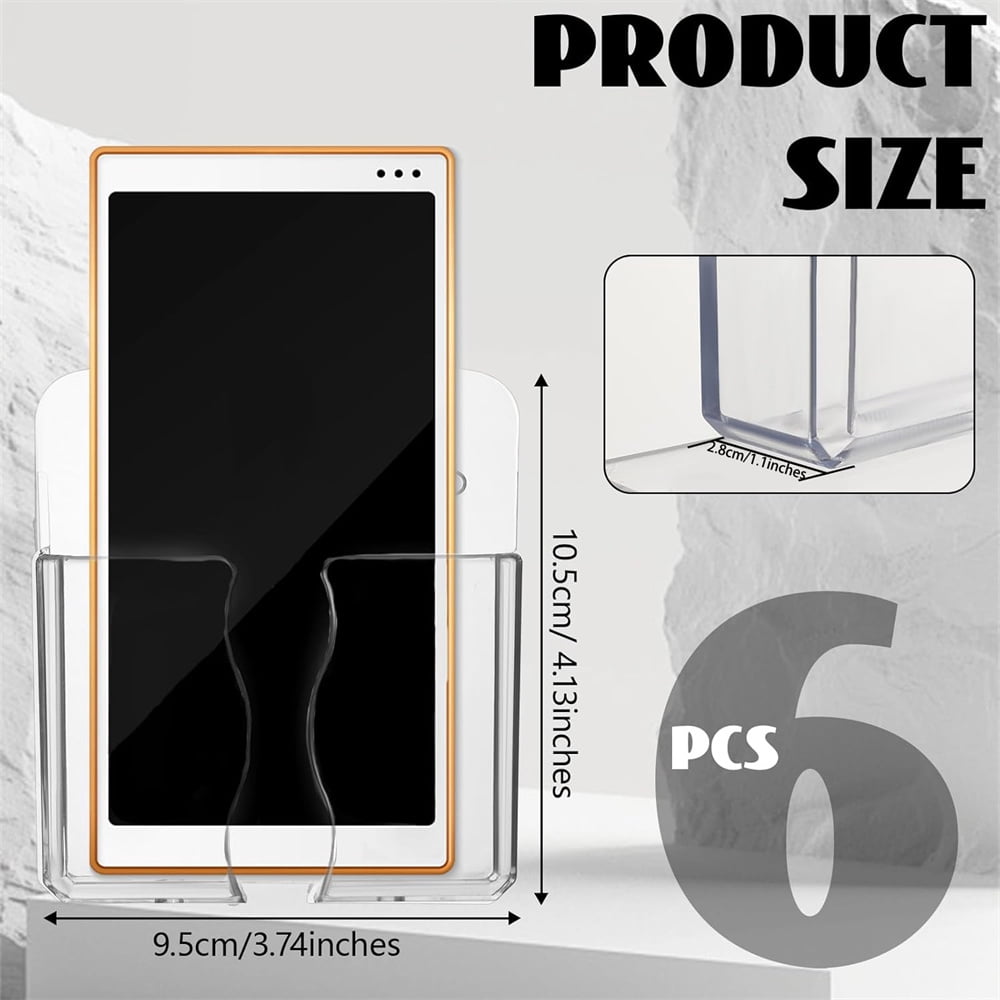 NOGIS 6 Pcs Wall Mount Cell Phone Charging Holder, Clear Acrylic Phone Stand Self Adhesive with Charging Hole, Compatible withSmartphone Remote Control Bedside Holders for Home Office