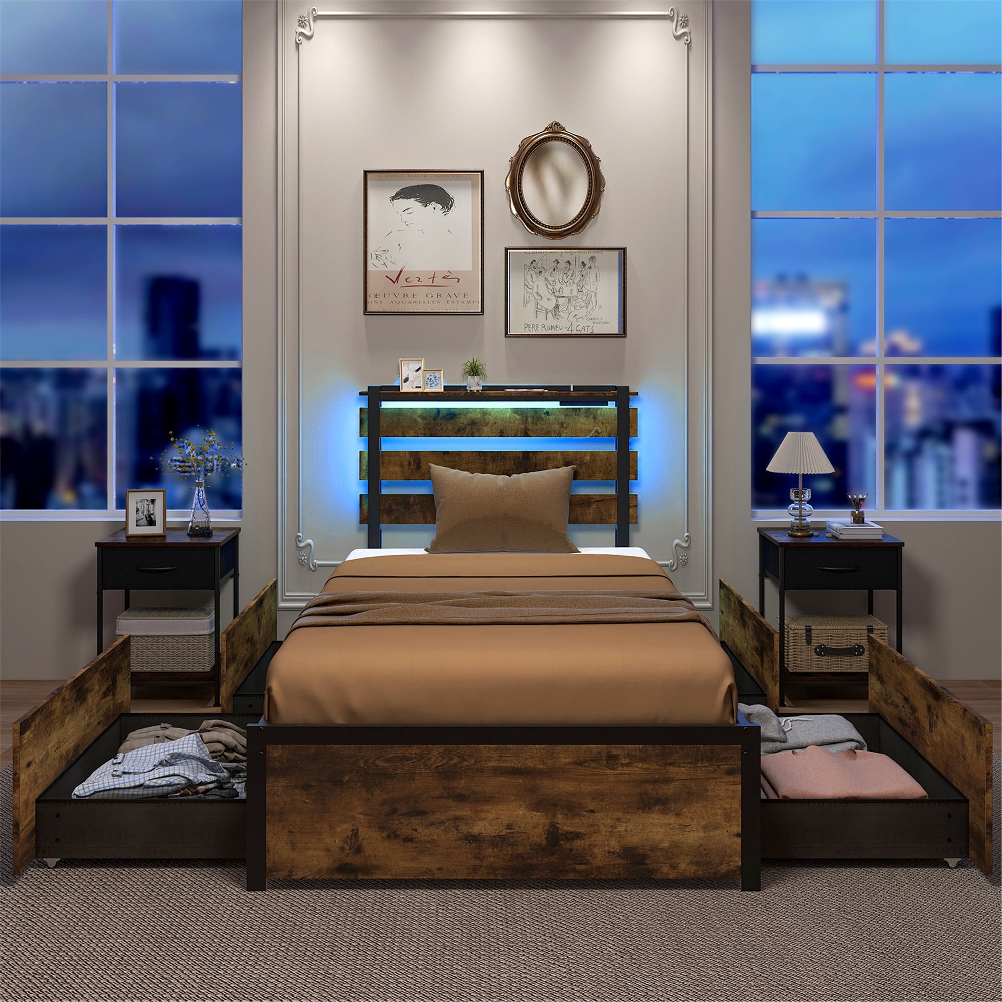 Gymax Twin Size Bed Frame w/ Drawers LED Lights Outlets & USB Ports Smart APP Control