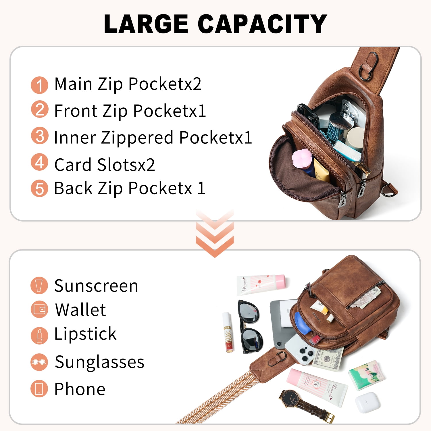 LATMAP 7L PU Leather Sling Bag,  for Travel & Daily Use, Hands-Free Unisex Chest Backpack