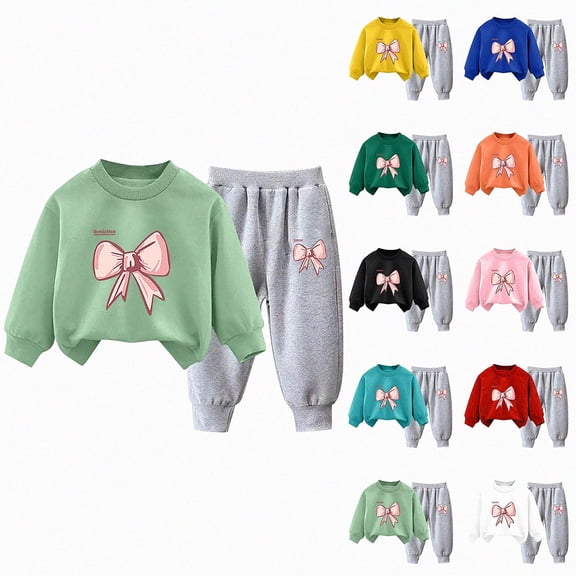 Vornjynx Girls 2 Piece Outfit(0-12) Crew Neck Long Sleeve Pullover Sweatshirt with Bow Print by Vemlchton and Matching Jogger Pants Set Fall Winter Wear Size