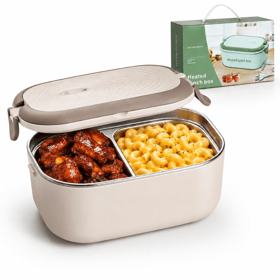 NATPLUS Electric Heated Lunch Box, 304 Stainless Steel No-Water Food Warmer with Carry Handle, Portable Self-Heating Meal Container for Office and School, Heated Lunch Box