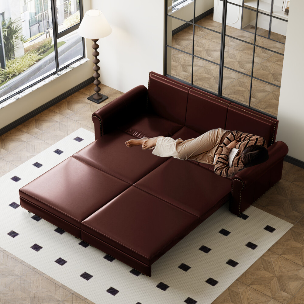 Chesterfield Sofa,93.7" King Pull Out Sofa Bed,3-in-1 Faux Leather Convertible Sleeper Sofa with Nailhead Trim & Rolled Arm,Multi-Functional Sofa Bed for Living Room, Bedroom, Burgundy