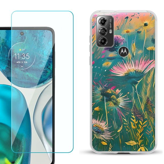 OneToughShield ® for Motorola Moto G Play 2023 Shockproof Fashion Phone Case, with Tempered Glass Screen Protector - Flower Wind