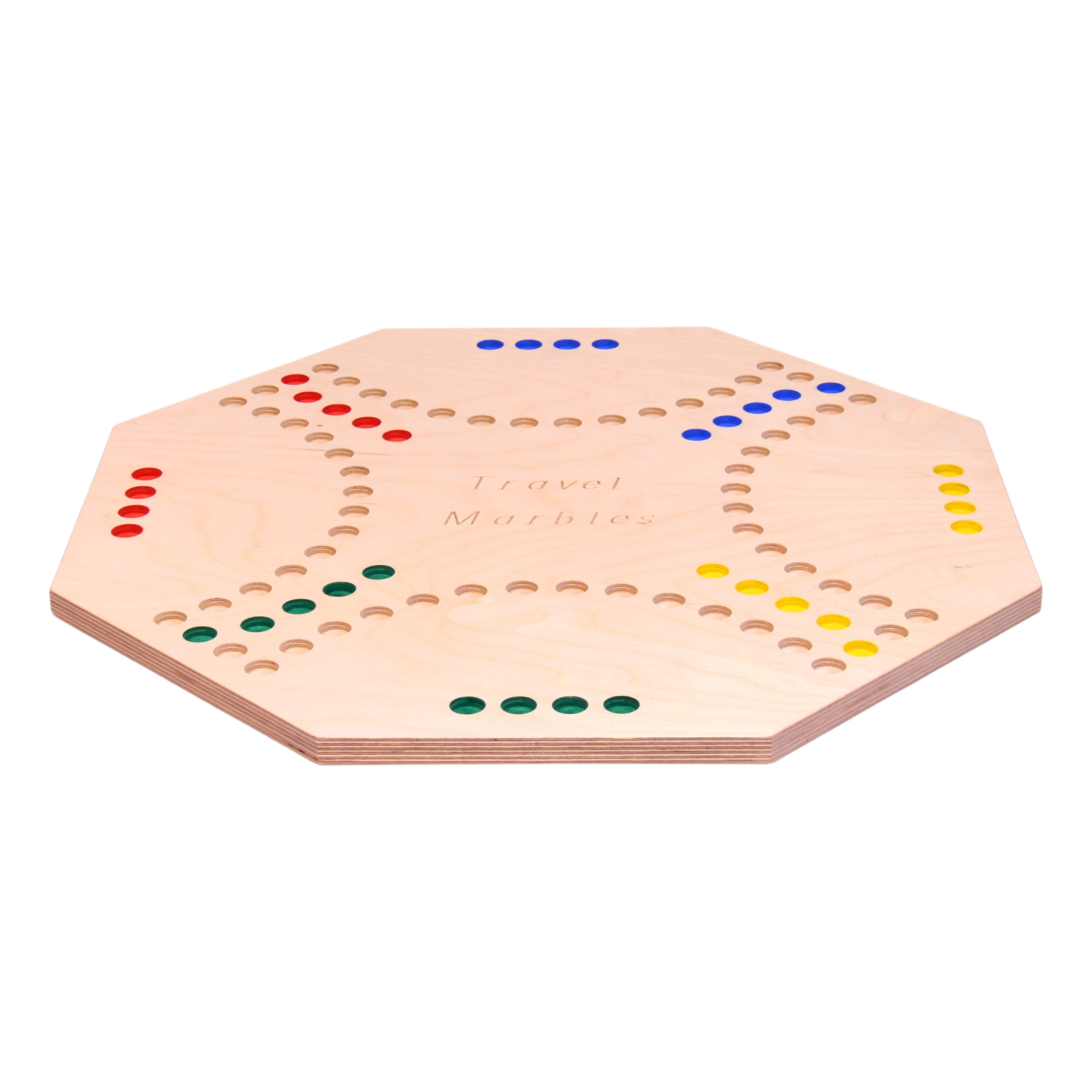 AmishToyBox.com Travel Marble Chase Cards N' Marbles Wooden Board Game Set - Double-Sided 23" Wide Board - with Cloth Carry Bag- Includes 22mm Marbles and Playing Cards