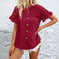 thumbnail image 4 of Timegard Tops for Women Ruched Ruffle Short Sleeve Stand Collar Shirts Casual Loose Button up Blouse, 4 of 5